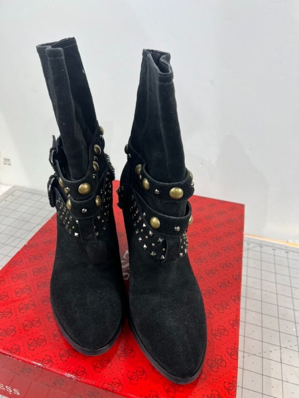 Women's Guess Black Suede Studded Mid-Calf Boots Buckle Accents Sz. 7.5M - Picture 2 of 7